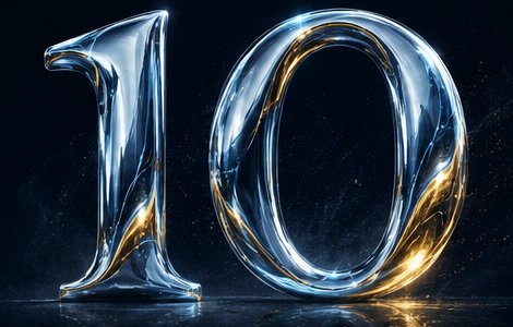 The numeral 10 rendered as a liquid-chrome sculpture lit in ice blue and gold.